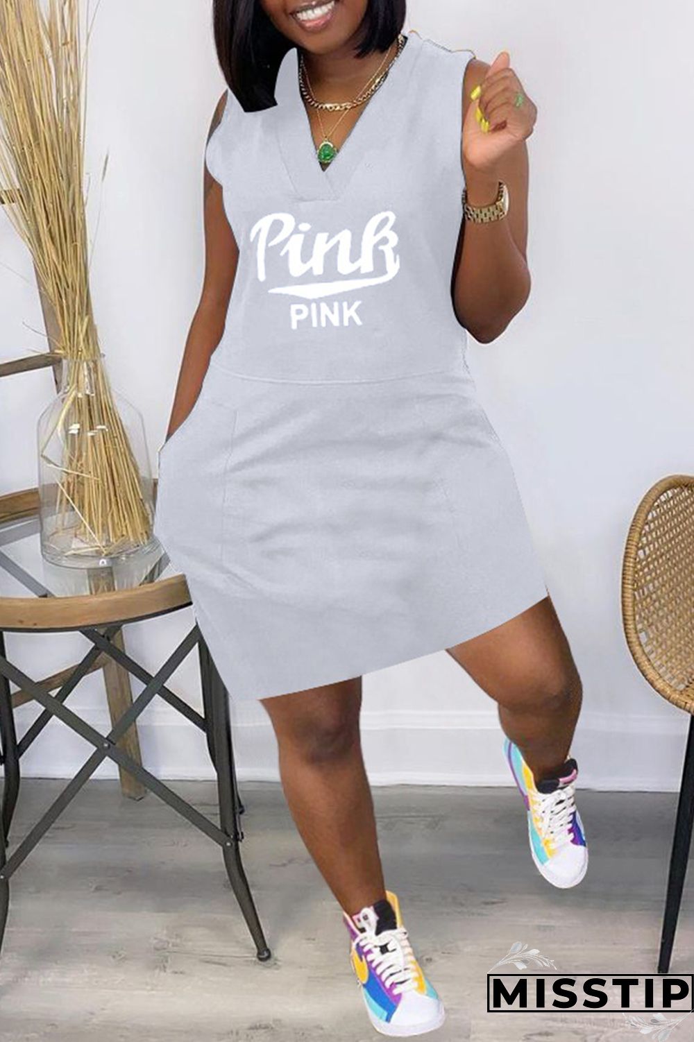 Grey Fashion Casual Letter Print Pocket V Neck Sleeveless Dress Dresses