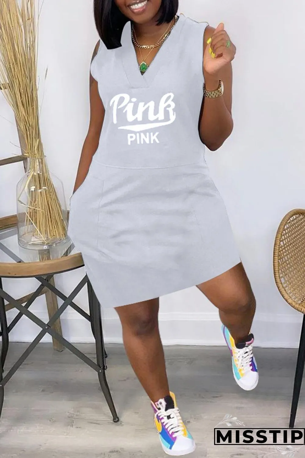 Grey Fashion Casual Letter Print Pocket V Neck Sleeveless Dress Dresses