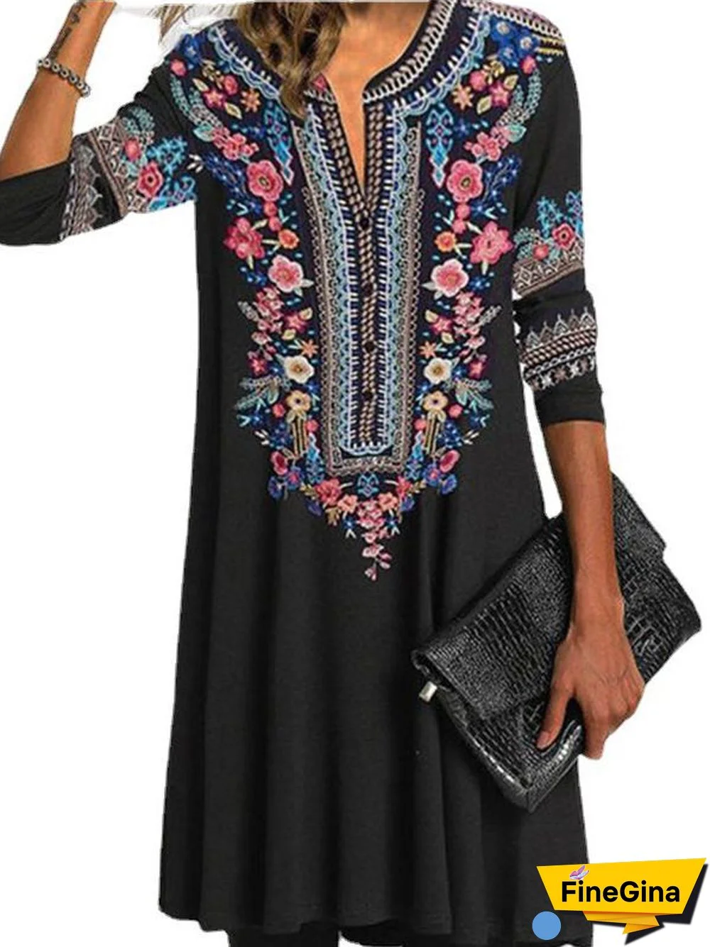 Women 3/4 Sleeve V-neck Printed Midi Dress