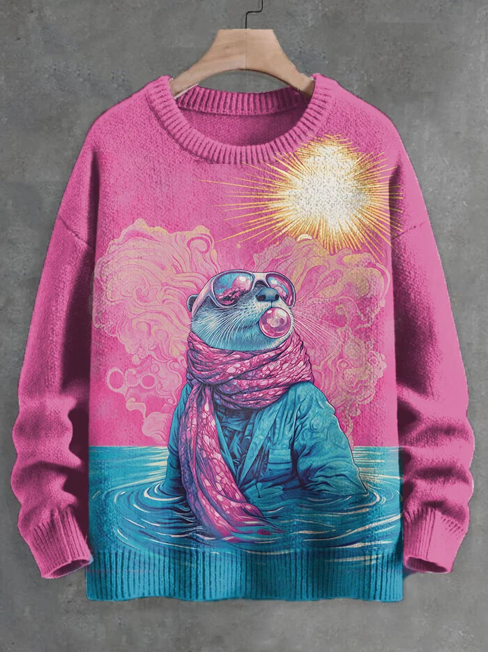 Men's Otters Blowing Bubble Gum In Hot Springs Art Print Knit Sweatshirt