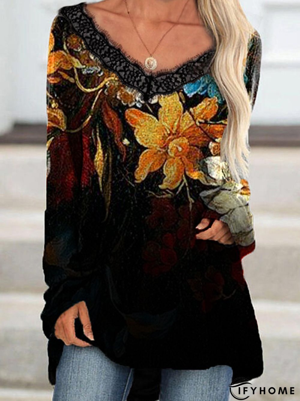 V Neck Long Sleeve Cotton-Blend Tunic Top | IFYHOME