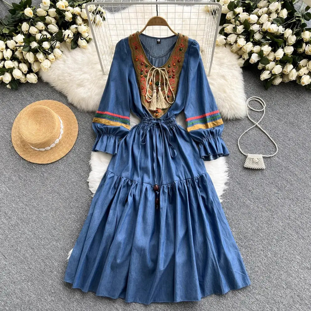 Ingvn - Quality Embroidered Denim Dress 2023 Summer Autumn National Korean Pleated A Line Long