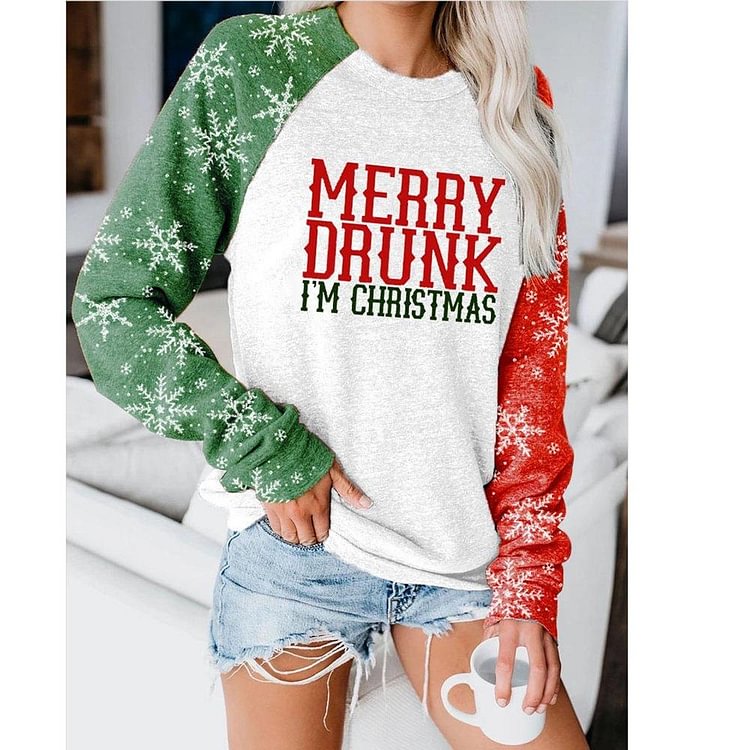 Christmas Merry Drunk Color Stitching Snowflake printed Sweatershirt-luchamp:luchamp