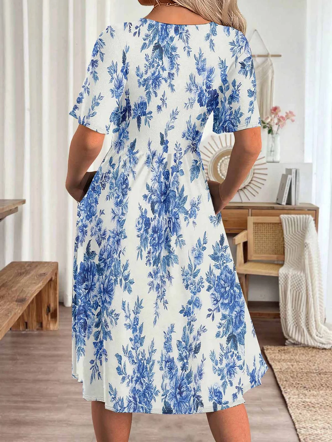 Women Floral,Blue DZHA8121 Short Sleeve Scoop Neck Graphic Printed Hollow Midi Dress