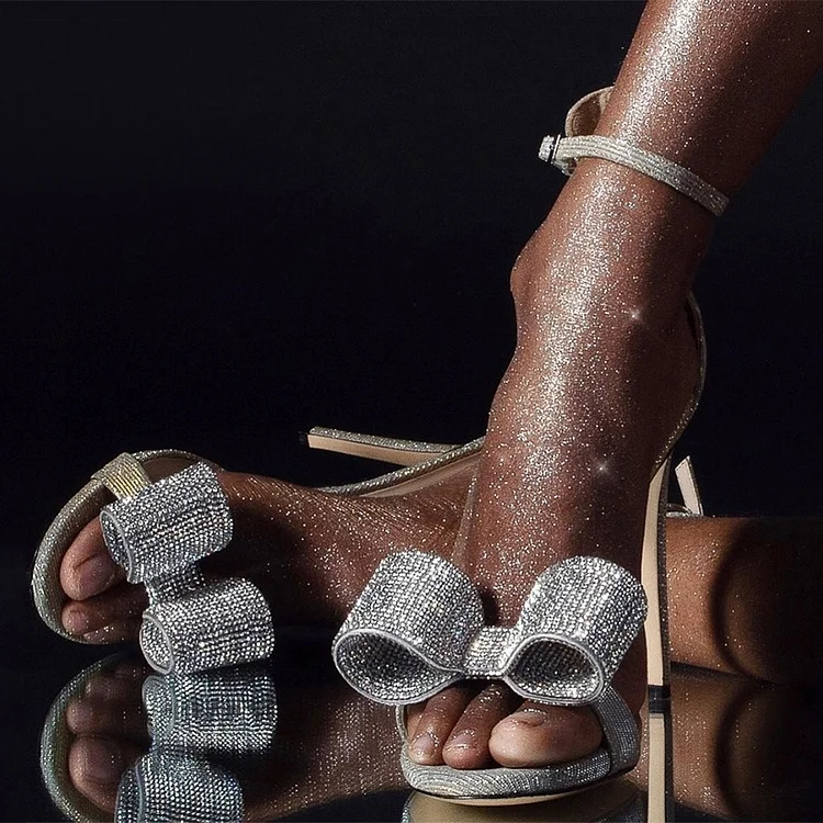 Silver Rhinestone Bow Sandals Bridal Shoes Ankle Strap Sandals |FSJ Shoes
