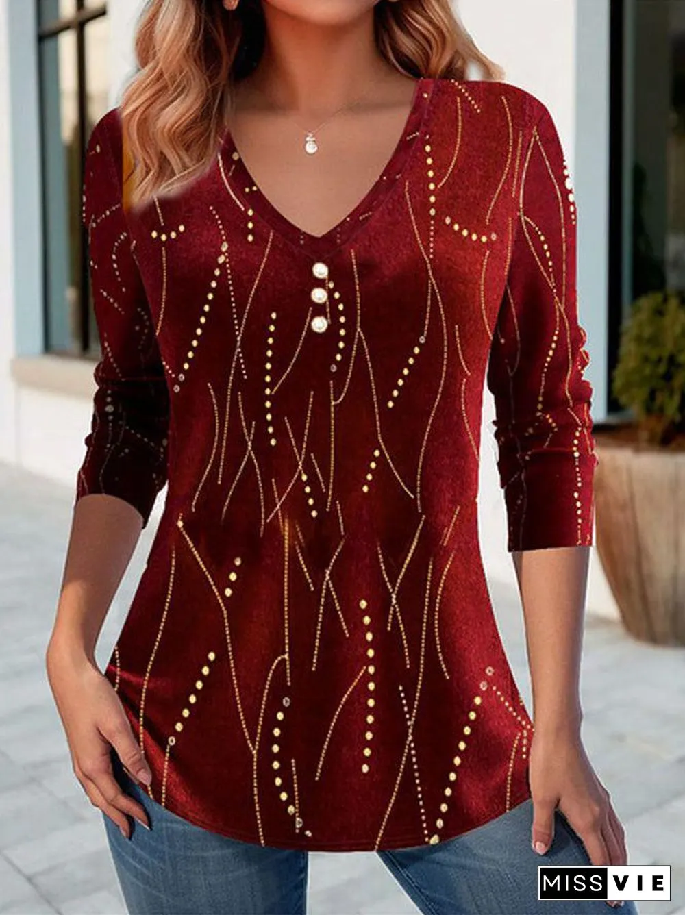 Red Print Long Sleeve Top