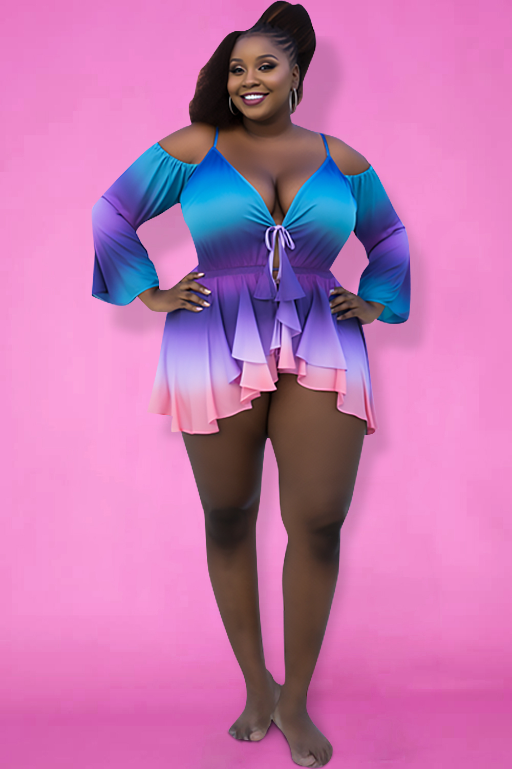 Design Plus Size Beach Blue Gradient V Neck Open Shoulder Long Sleeve Lace Up Swimsuit Fabric Two Pieces Swimsuit With Panty [Pre-Order]
