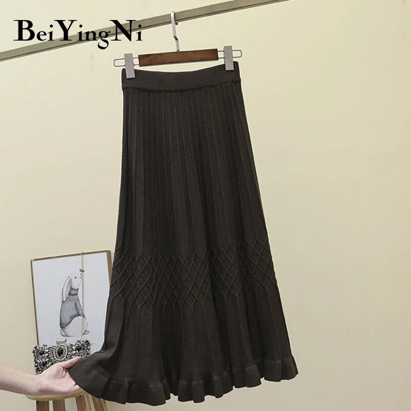 Beiyingni High Waist Skirts Womens Solid Plaid Vintage Casual Sweater Knitted Skirt for Woman Elastic Retro Skirt Faldas Mujer