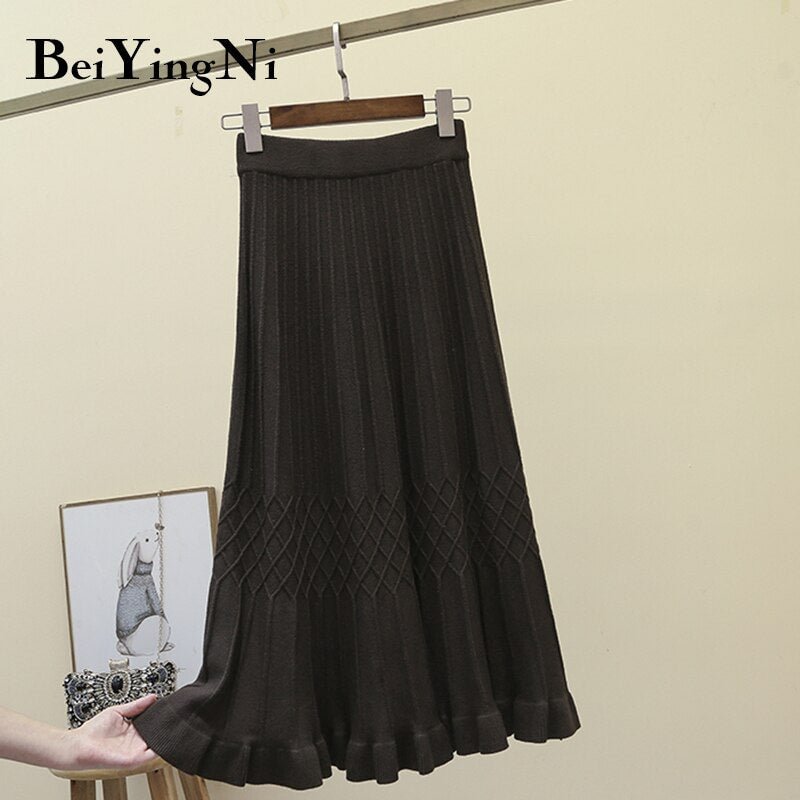 Beiyingni High Waist Skirts Womens Solid Plaid Vintage Casual Sweater Knitted Skirt for Woman Elastic Retro Skirt Faldas Mujer