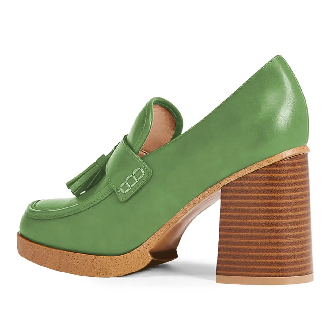 Green Vegan Leather Chunky Heel Square Toe Tassels Women's Loafers