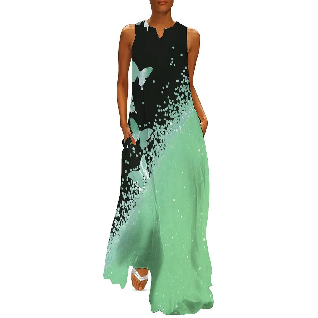 Style & Comfort for Mature Women Plus Size Printed Sleeveless Casual Women Maxi Dress with Pockets in Pattern Mint green, Butterfly, Glitter, Black