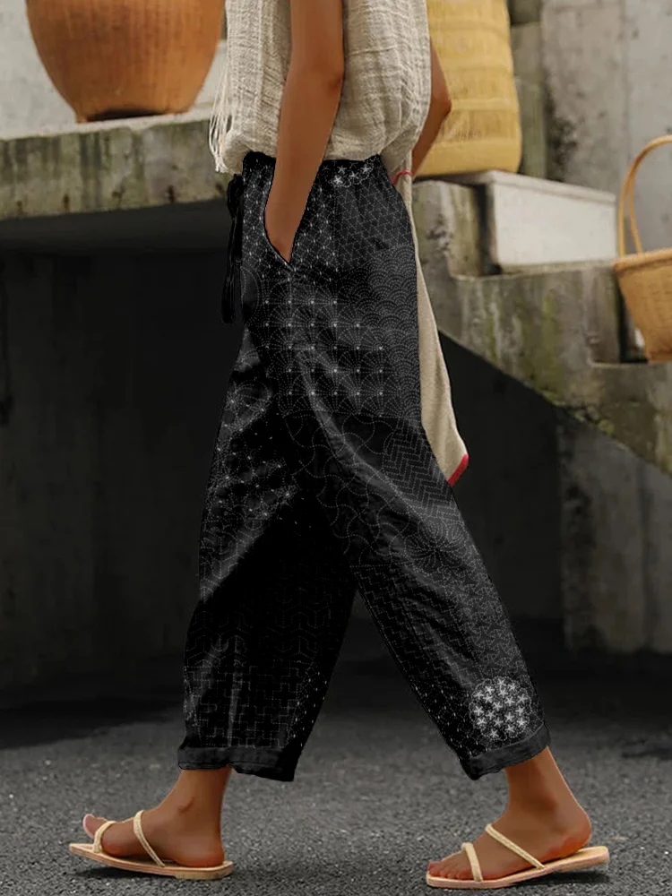 Japanese Traditional Sashiko Art Linen Blend Casual Pants