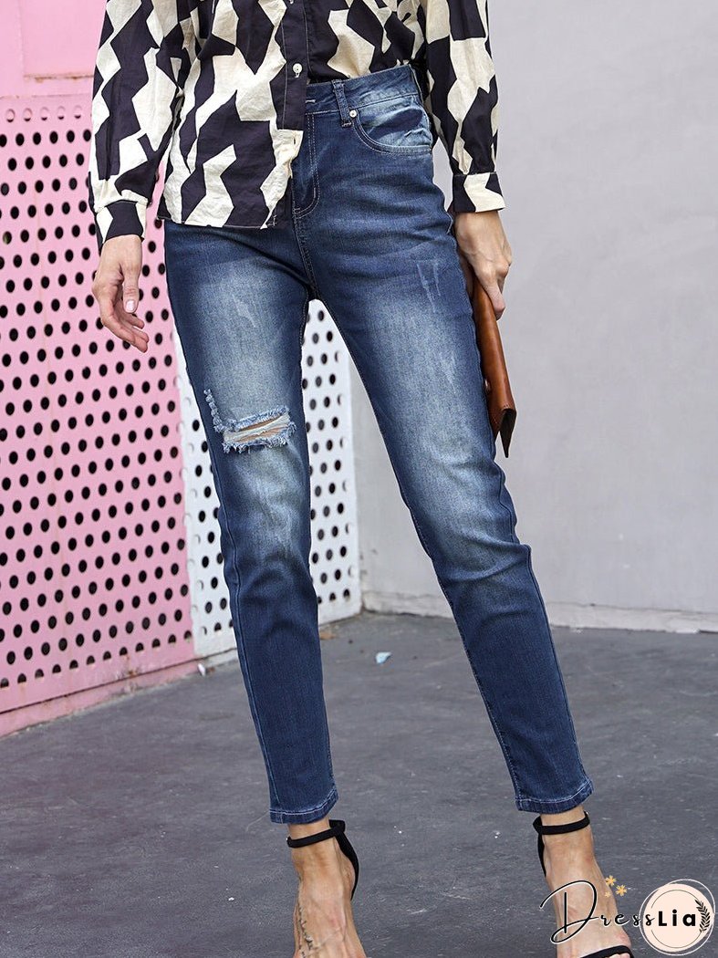 Street Style Denim Pants with Ripped Feet