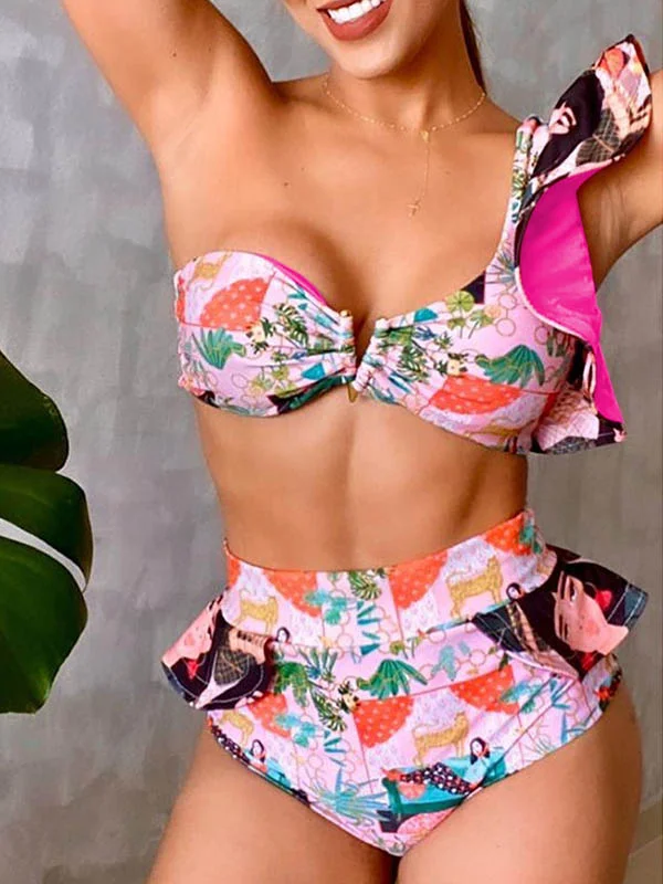 Floral-Print One-Shoulder Bandeau High-Waist Bikini Swimwear