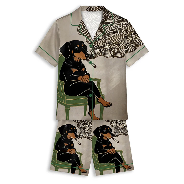 Tokyo-Mood Dachshund Smoking A Cigarette Funny Wiener Dog Unisex Short  Sleeve Satin Pajama Set