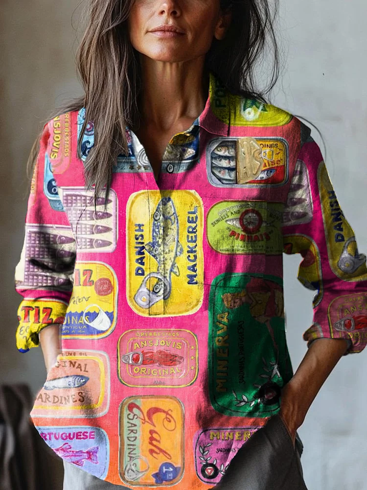Women's Sardines Can Art Print Casual Cotton and Linen Shirt