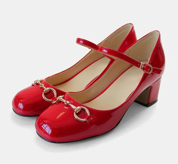 Coral Red Mary Jane Chunky Heel Vintage Pumps Vdcoo