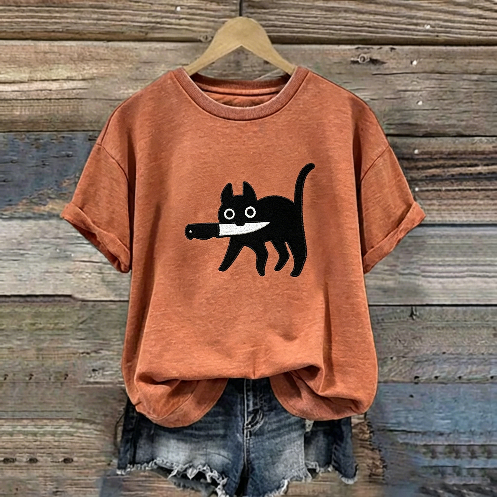 Comstylish Abstract Creative Black Cat Graphic Casual T-shirt