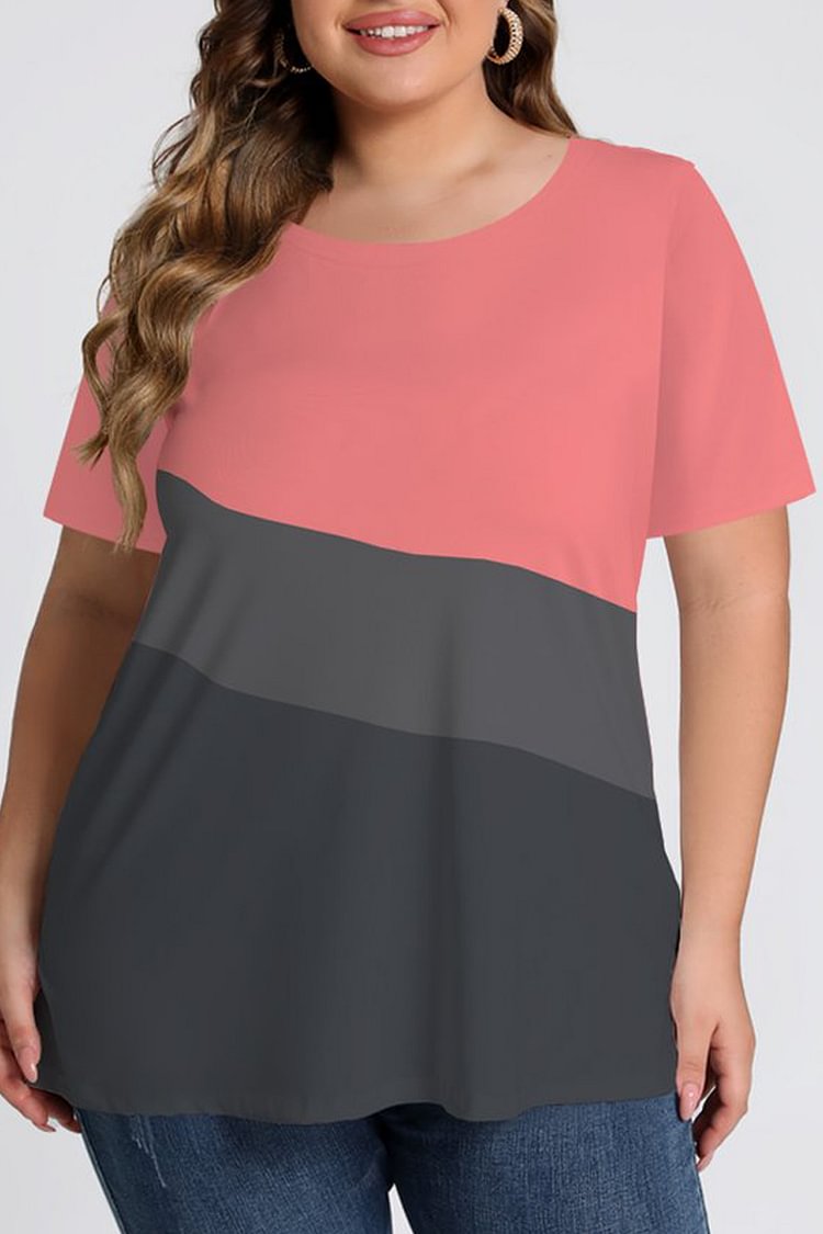 Flycurvy Plus Size Casual Pink Colorblock Stitching Round Neck Short Sleeve T-Shirt  Flycurvy [product_label]