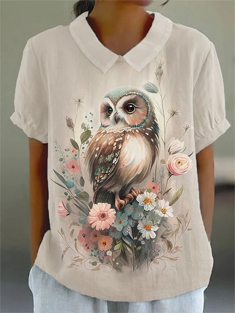 Women's Owl Flower Print Casual Cotton And Linen Shirt