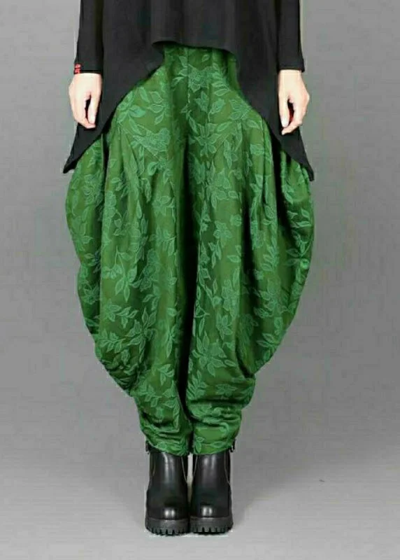 Jacquard Green Elastic Waist Linen Lantern Pants Spring