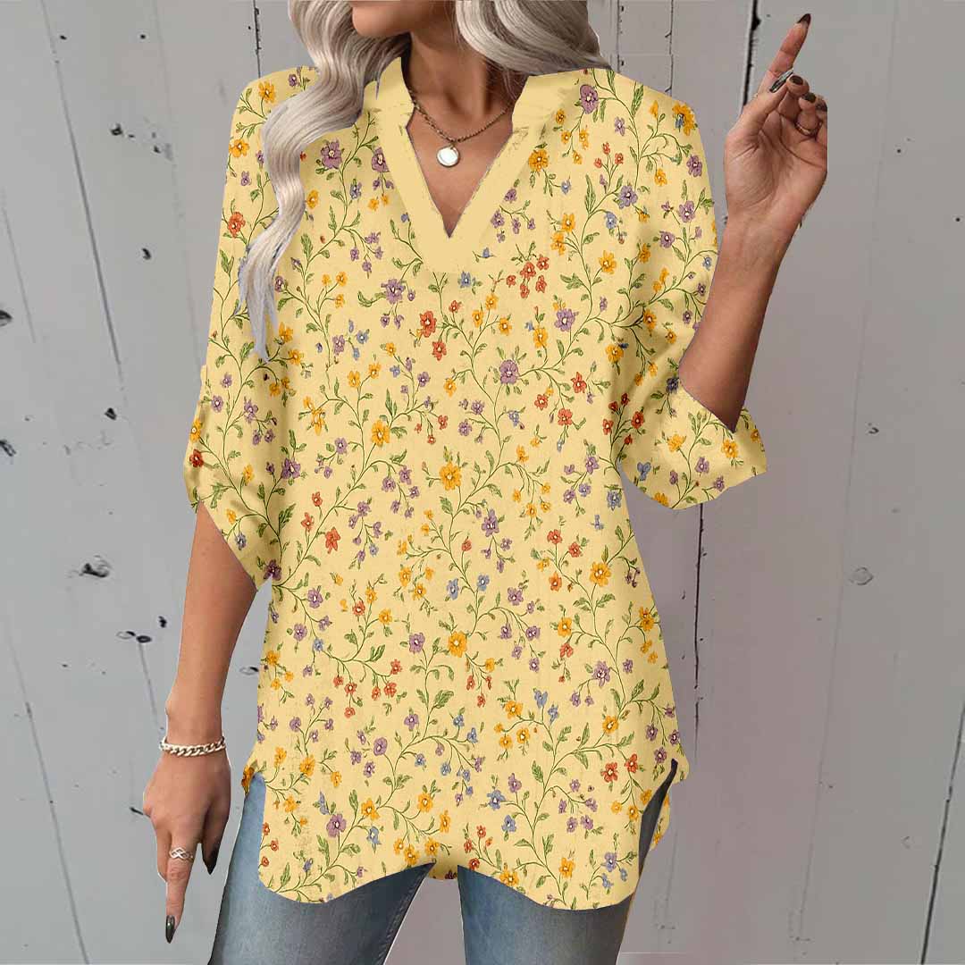 Women Floral, Yellow, Red DZGA0196 3/4 Sleeve V-neck Printed Graphic Button Tops