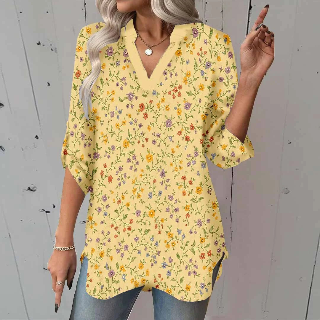 Women Floral, Yellow, Red DZGA0196 3/4 Sleeve V-neck Printed Graphic Button Tops