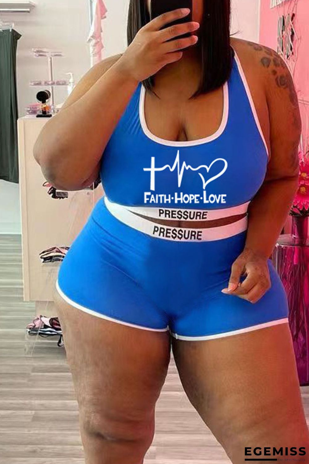 Blue Casual Street Print Patchwork U Neck Plus Size Two Pieces | EGEMISS