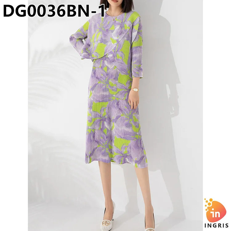 Women's Summer Fashion Casual Two-Piece Set Pleated Printed Shawl Top Dress Long Sleeved Woven Fabric Ruched Heat-DG0036BN