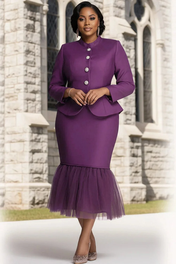 Xpluswear Design Plus Size Churchs Purple Stand-Up Collar Long Sleeve Mermaid Elegant Contrast Two Piece Dress Set 2024 - Xpluswear