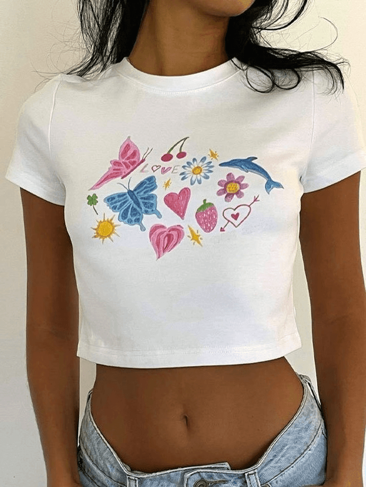 Toloer Fruity Butterfly Print Crop Top-Outfit Ideas