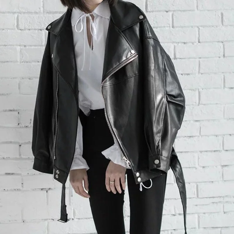 UForever21 High Quality 2022 Spring Black PU Leather Loose Turn-Down Collar Zipper Fashion New Women's Wild Jacket LA938