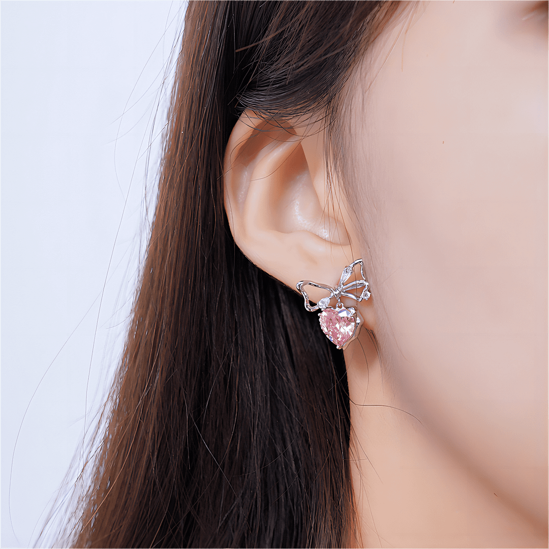 Pink Crystal Bowknot Heart Dangle Earrings