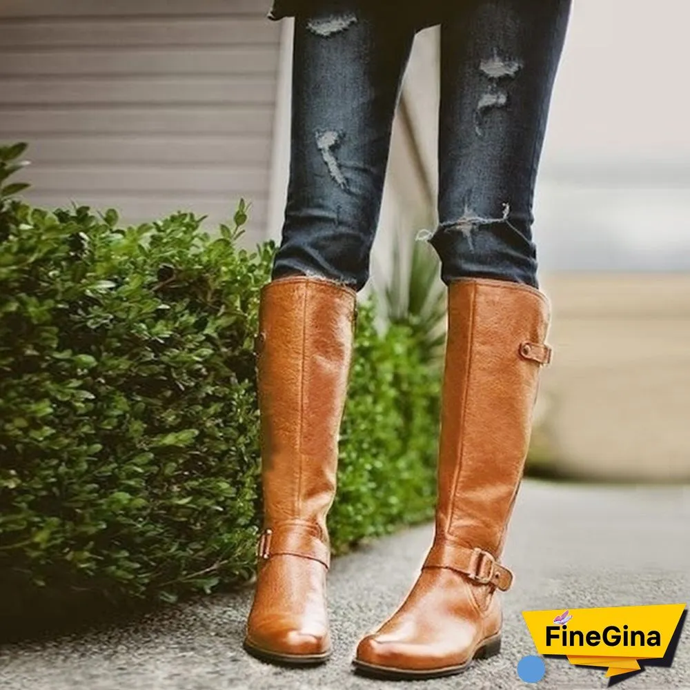 New Fashion Women Shoes Plus Size 34-43 Bottes Femmes Botas Mujer Kvinnoskor Cowgirls Military Combat Buckle Knee High Boots Genuine Leather Low Heel Women Knight Boots
