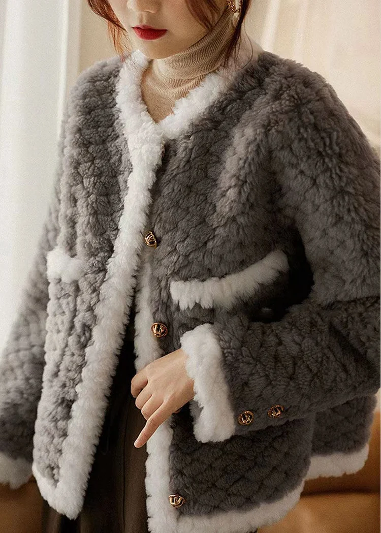 Beautiful Grey O Neck Pockets Patchwork Wool Coat Winter