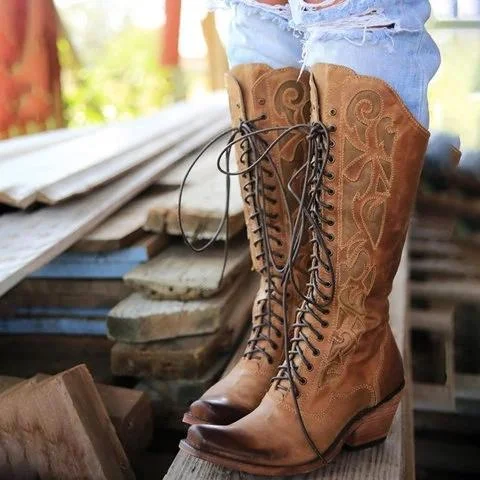 Lace-Up Winter Knee-High Boots Chunky Heel Artificial Leather Boots