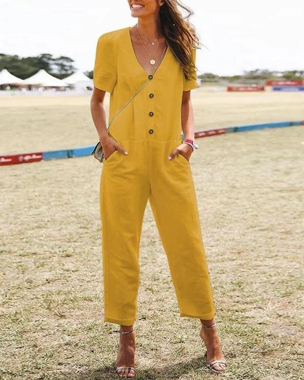 solid casual paneled buttoned v neck pockets jumpsuit p264687
