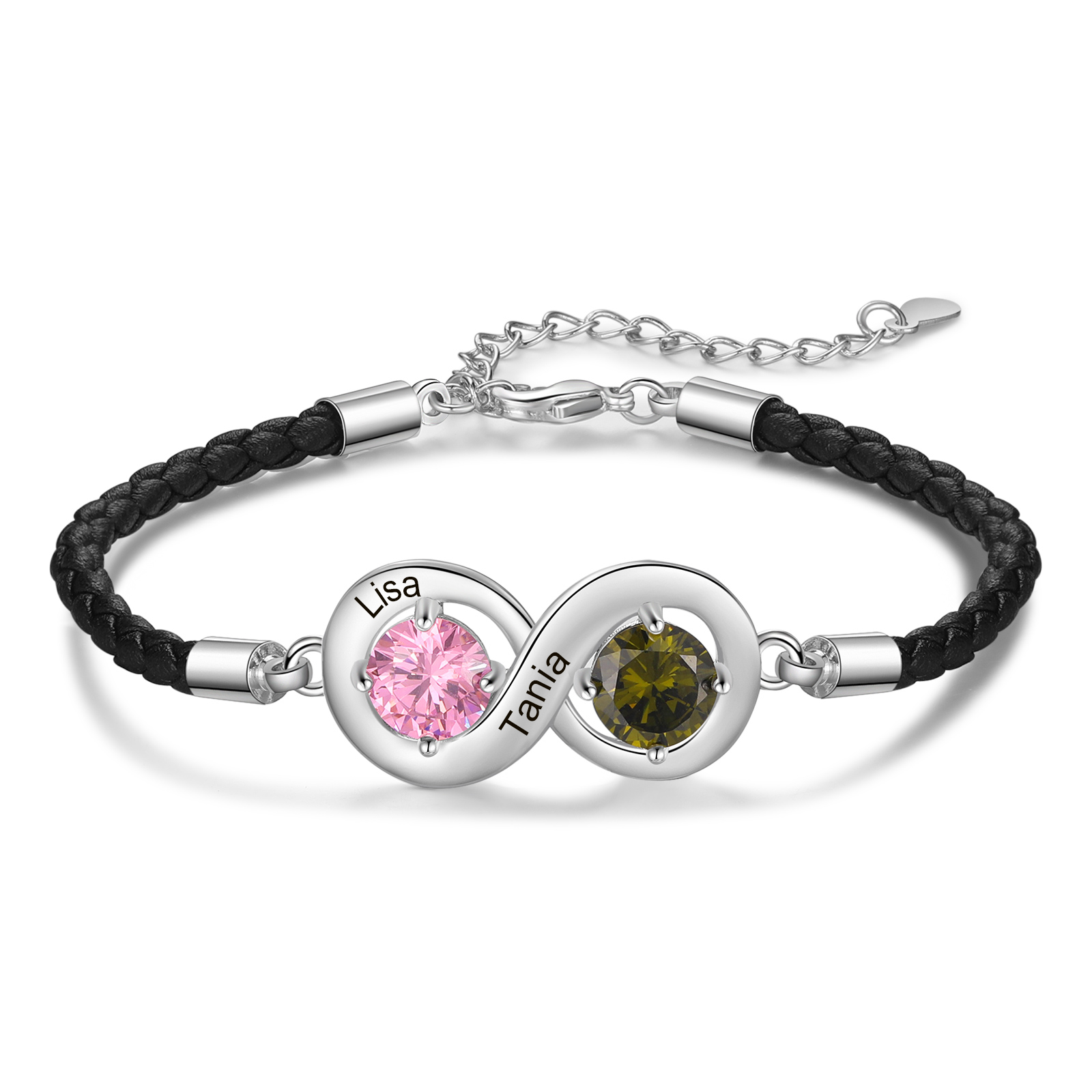 Braccialetto infinito personalizzato con 2 nomi e 2 pietre di nascita regalo per donna