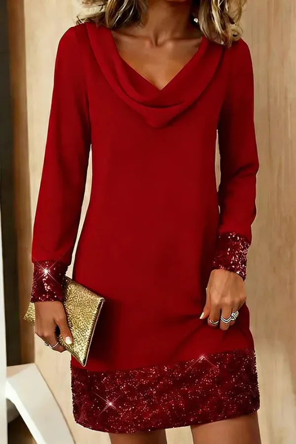 Fashionable Sequined Patchwork Casual Long-sleeved Mini Dress