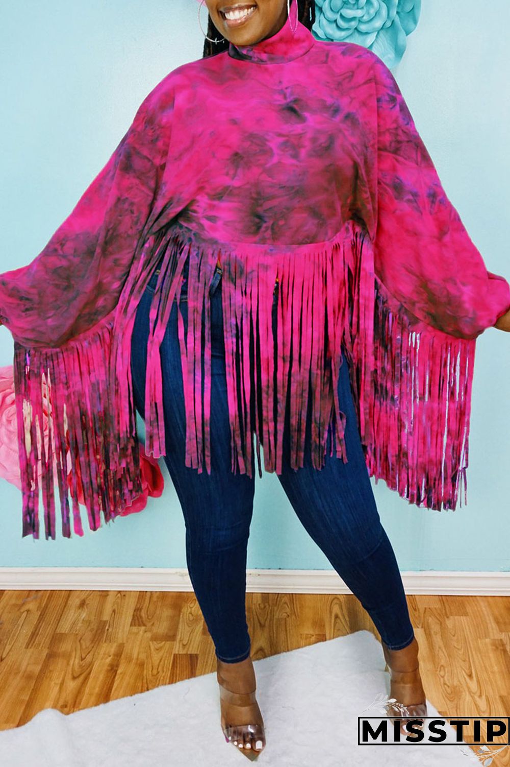 Rose Red Casual Print Tie Dye Tassel Patchwork Turtleneck Tops
