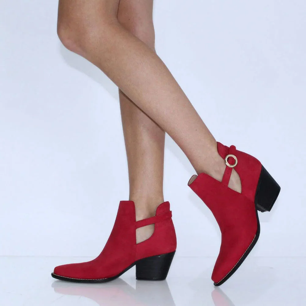 Red Vegan Suede Buckle Strap Chunky Heel Cut-Out Booties for Women