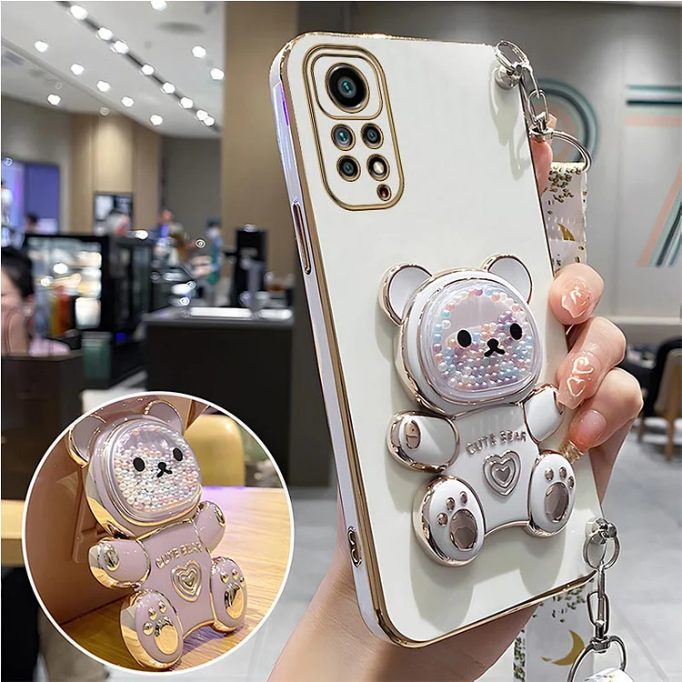 Quicksand Bear Holder Lanyard Phone Case For Xiaomi Redmi Note 11 8 12 10 9 Pro Max 10 5G 10s 11s 9A 9T 9C Nfc Strap Stand Cover