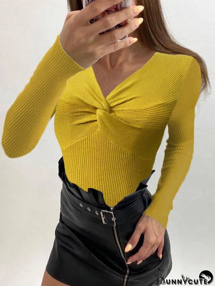 Women Long Sleeve V-neck Solid Knit Sweater Top