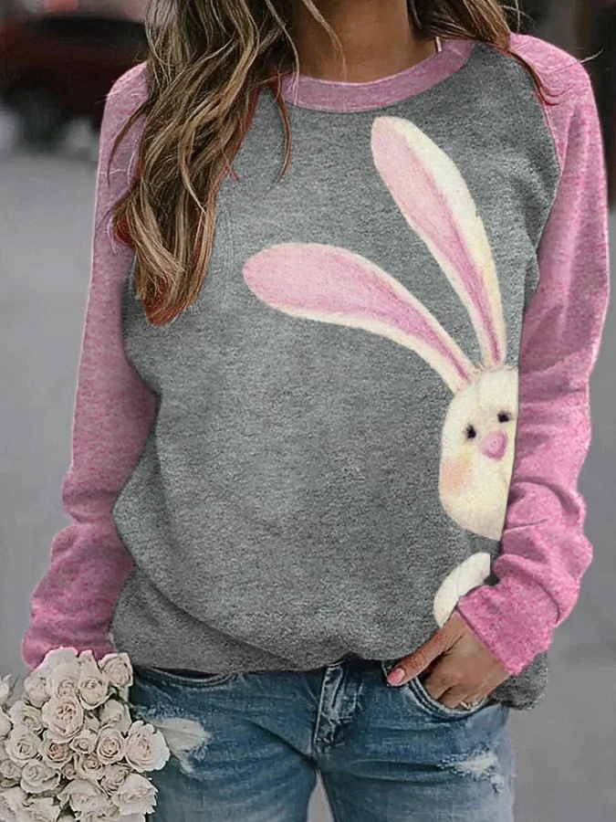 Women's Cute Easter Egg Bunny Print Sweatshirt socialshop