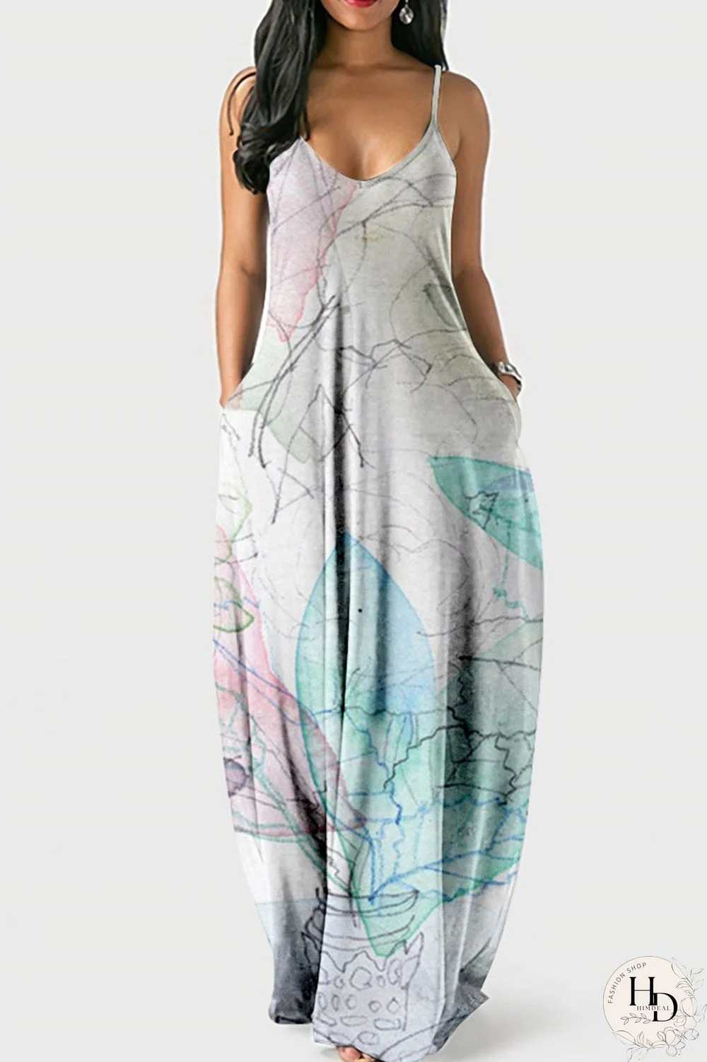 Powder Blue Sexy Print Patchwork Spaghetti Strap Sling Dress Dresses
