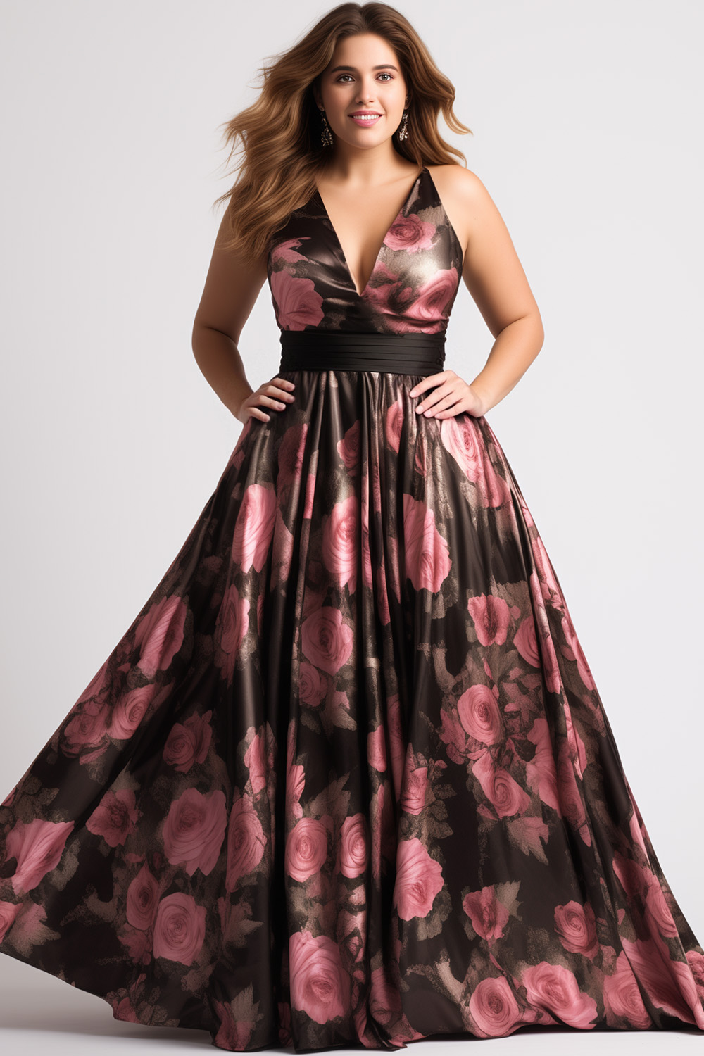 Flycurvy Plus Size Wedding Guest Pink Satin Rose Print Deep V Neck Maxi Dress 2024 - Flycurvy 