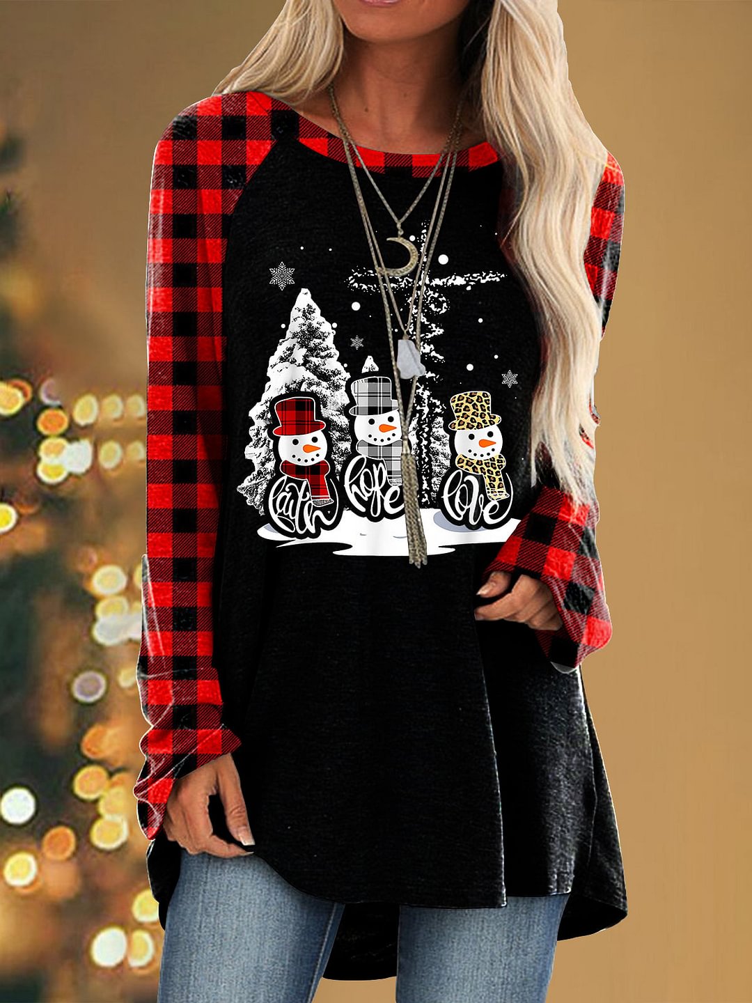 Winter Snowman Red Plaid Printed Loose T-shirt