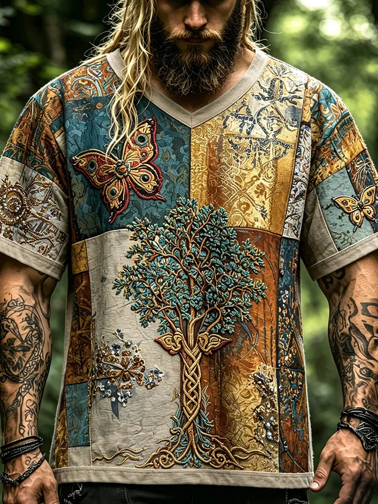 Comstylish Men&rsquo;s Vintage Patchwork Viking Tree Of Life 3d Embroidery T-shirt, Celtic Butterfly Distressed Boho Short Sleeve Top
