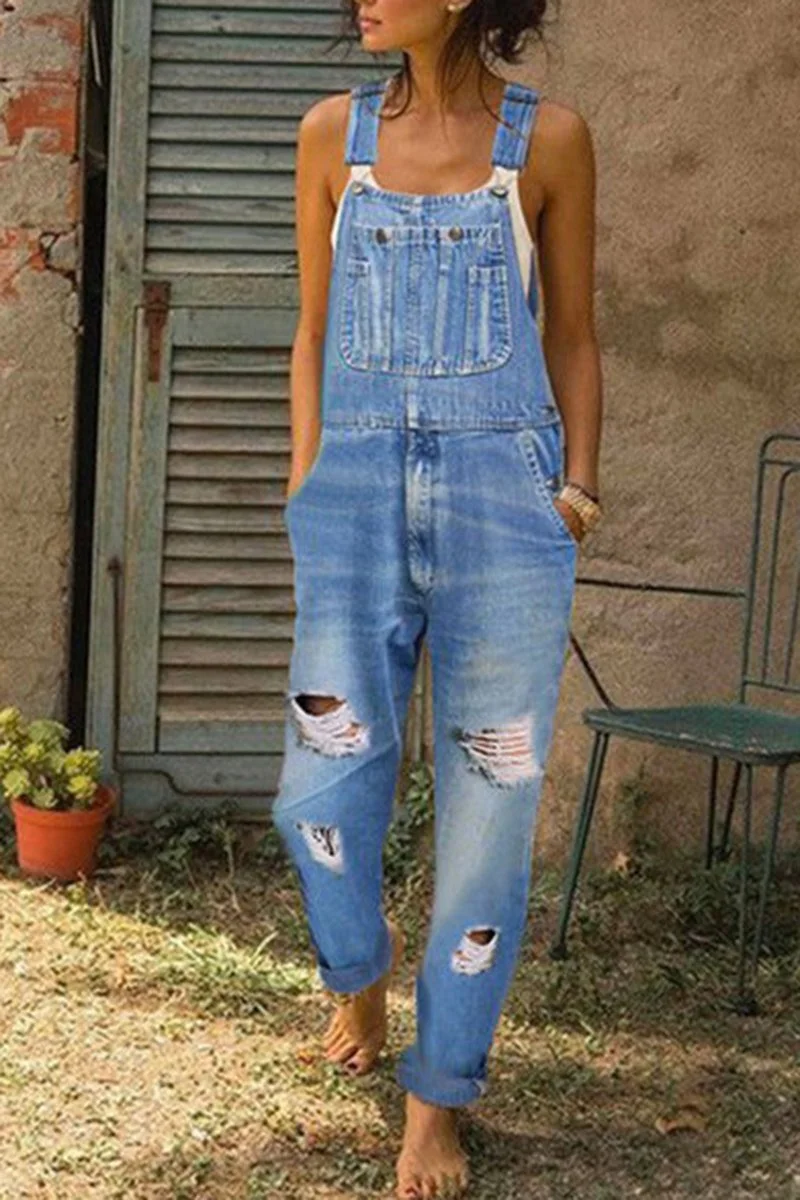 Denim Distressed Plus Size Solid Overall