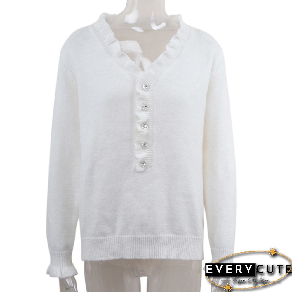 White Frilled V Neck Button Knitted Sweater